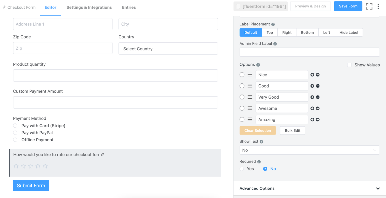 input customization section of Fluent Forms, contact form ui ux,