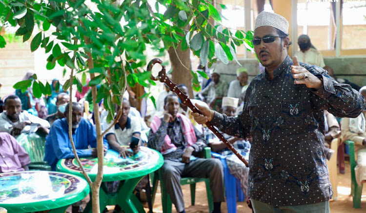 Eldas MP Adan Keynan during a consultative meeting with sheikhs, prominent elders, opinion shapers and different community leaders for groundwork in preparation for the Azimio La Umoja political rally in Wajir town. March 8, 2022.