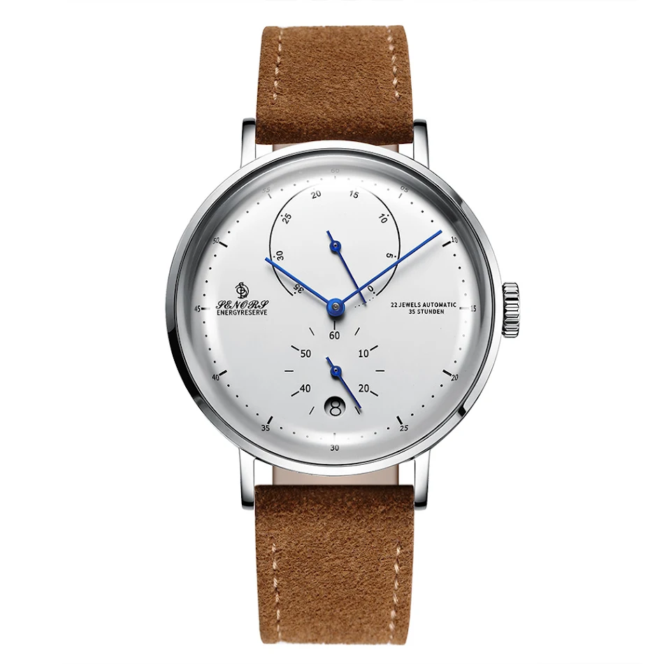 Relógio mecânico automático masculino com vidro curvo, estilo business fashion, elegância e sofisticação para o homem moderno.
