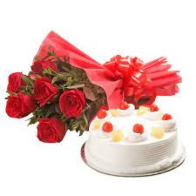 Vanilla Cake And 10 Red Roses Bunch