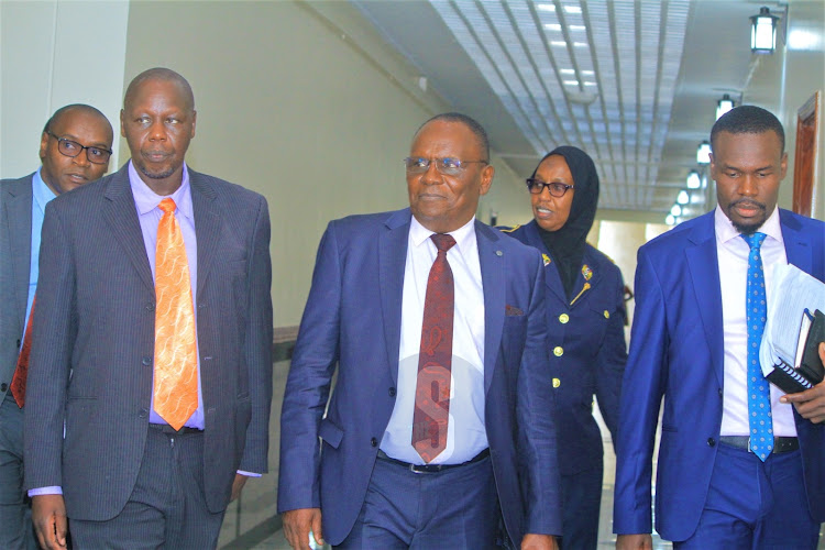 Lawyer Katwa Kigen (L), impeached Kisii Deputy Governor Robert Monda and National Assembly Majority Whip Sylvanus Osoro at the Senate on March 13, 2024