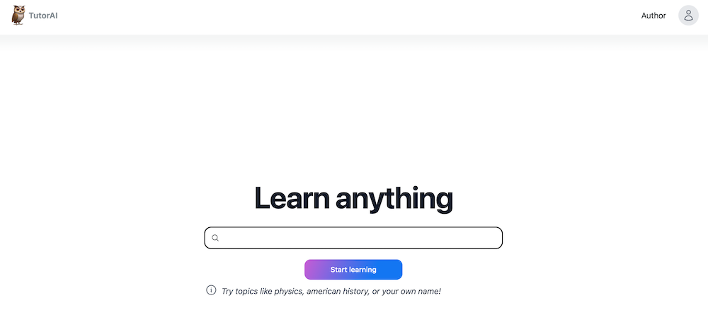 Tutor AI. Learn anything AI tool for students. Homepage screenshot