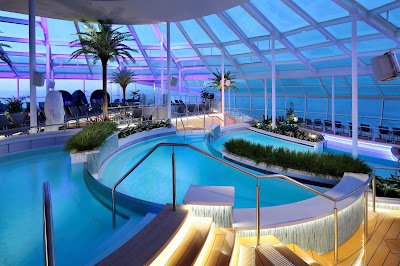 Head to the Solarium on Ovation of the Seas, a two-deck-high adult retreat with two pools, two whirlpools and a retractable glass roof (no extra cost).