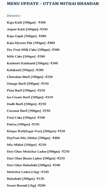 Uttam Mithai menu 