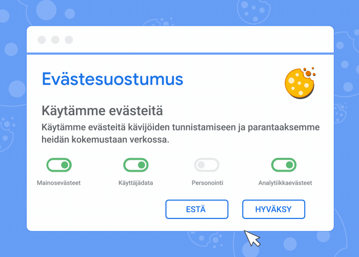 Animaatio, jossa näkyy evästesuostumusbanneri ja mitä tapahtuu, jos hyväksyt tai hylkäät evästeet