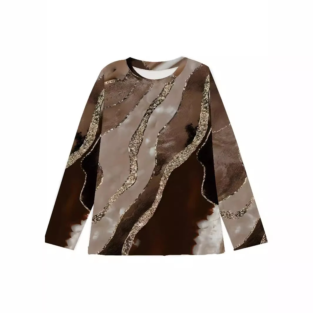 T-shirt manica lunga stile retrò europeo e americano effetto marmorizzato Design nazionale comfort ed eleganza per un look unico e sofisticato
