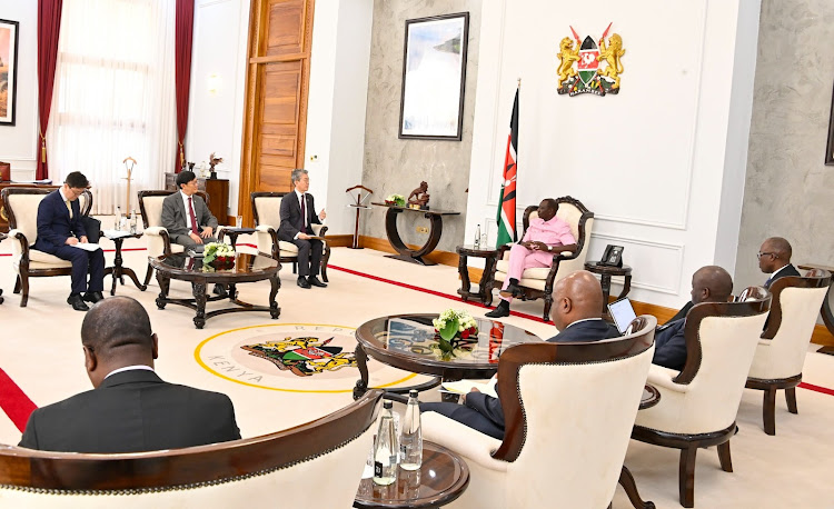 South Korea's Special Presidential Envoy and 1st Vice Minister for Foreign Affairs Hong Kyum Kim holds a conversation with President William Ruto at State House on April 16, 2024.