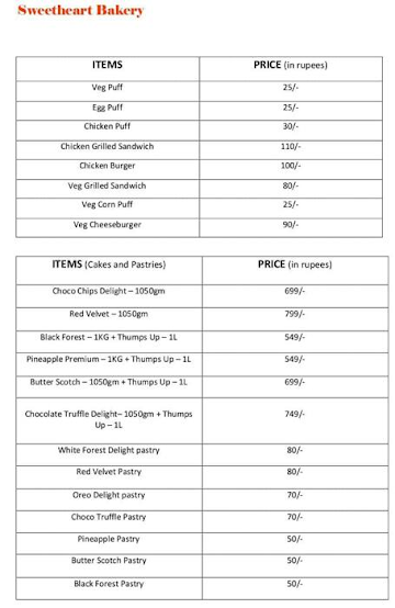 Teja Sweet Heart Bakery menu 