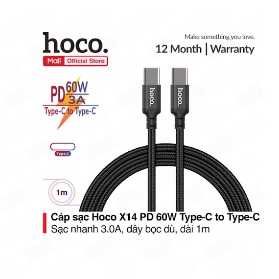 Cáp Sạc Nhanh Hoco X.14 Pd 60W Type - C To Type - C, Sạc Nhanh 3.0A, Truyền Dữ Liệu, Dây Bọc Dù Chống Đứt, Gãy Gập, Dài 1M