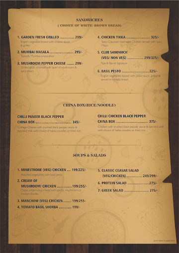 Pipe And Barrel menu 