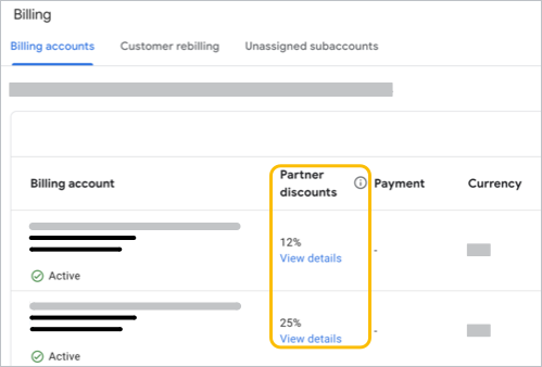 Os descontos são destacados na página de faturamento do Partner Sales Console.