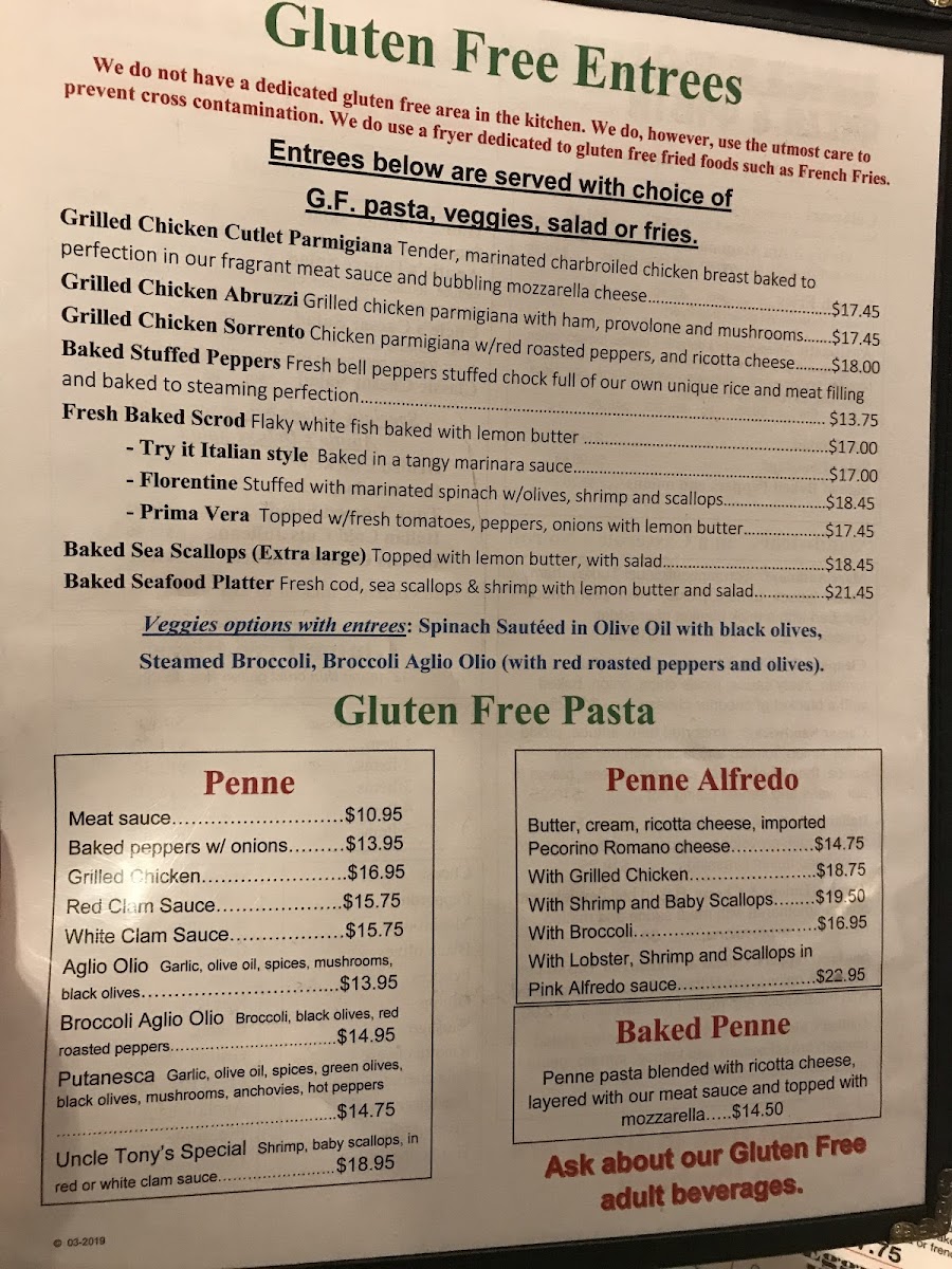 Uncle Tony's Pizza & Pasta gluten-free menu