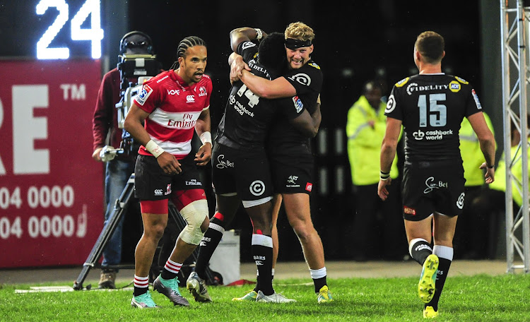 Robert Du Preez of the Cell C Sharks celebrates the try of Lwazi Mvovo of the Cell C Sharks during 2018 Super Rugby game between the Sharks and the Lions at Kings Park, Durban on 30 June 2018.