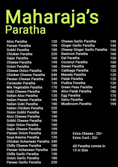 Maharaja's Paratha menu 