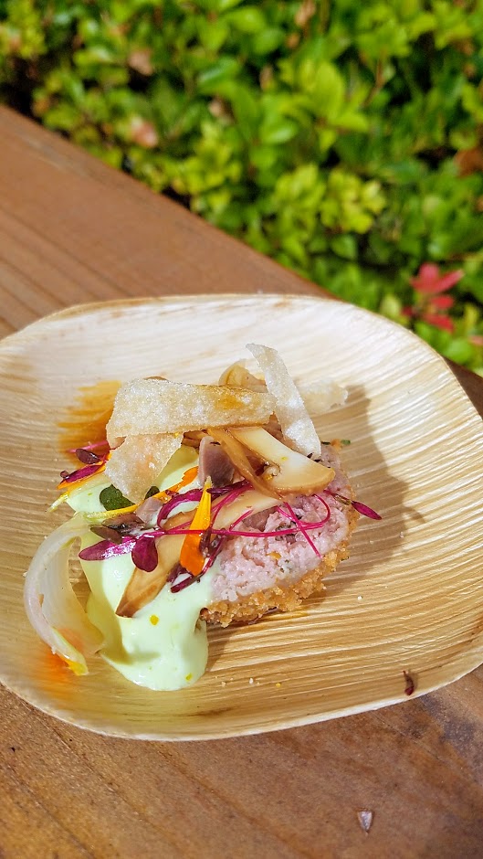 For Nicky USA's 17th Annual Wild About Game, Chef Sarah Schafer of Irving St Kitchen, Portland, made Grimaud Farms Guinea Fowl and Foie Gras Ballotine Croquette with whipped chive oil, spiced vegetable demi glace, and hen crackers