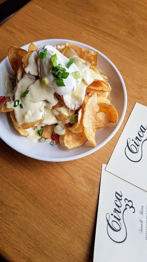 Circa 33 Blue Cheese Nachos with smoked blue cheese potato chips and optional add-ons (not here) of meat like bacon or chicken