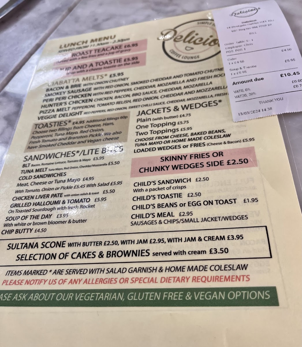 Delicious Coffee Lounge & Bar gluten-free menu