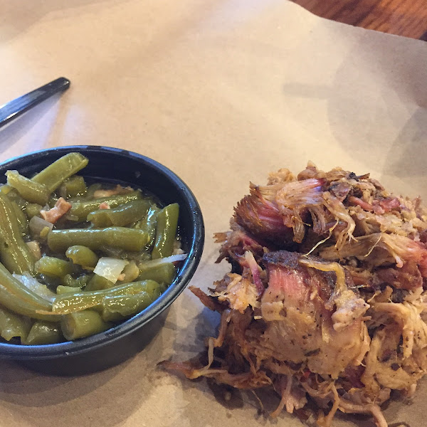 My very filling meal of pulled pork and green bean with bacon. The green beans were delicious - and dairy free too!