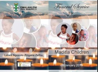 The programme for the funeral of the four Maditla children, who were found murdered in their home in Klarinet, Witbank, in December.