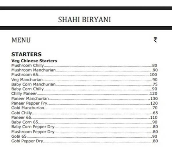 Shahi Biriyani Corner menu 