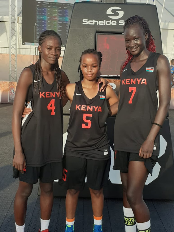 Daisy Ayodi (L) Caroline Njeri (C) and Christine Akinyi, who won bronze at the last year's 3 on 3 basketball at the All Africa Games in Rabat, Morocco