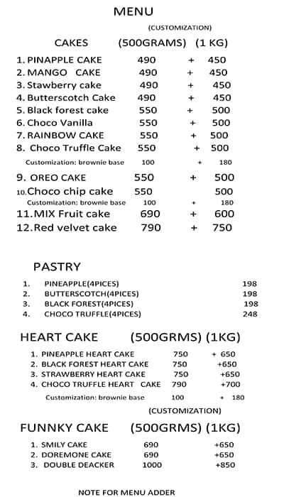 Cake & Pastry menu 