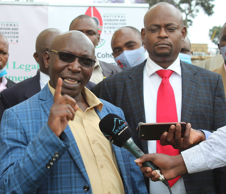 Nyeri Central DCC Joseph Mwangi and NCIC assistant director of Complaints, Legal and Enforcement department Kyalo Mwengi in Nyeri on Tuesday