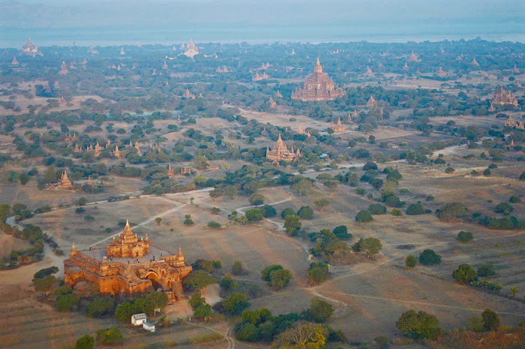 Bagan, Myanmar, seen at daybreak from a hot air balloon.