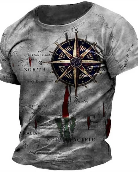 Men's Vintage Nautical Map Compass Print T-Shirt Summer D... - 0