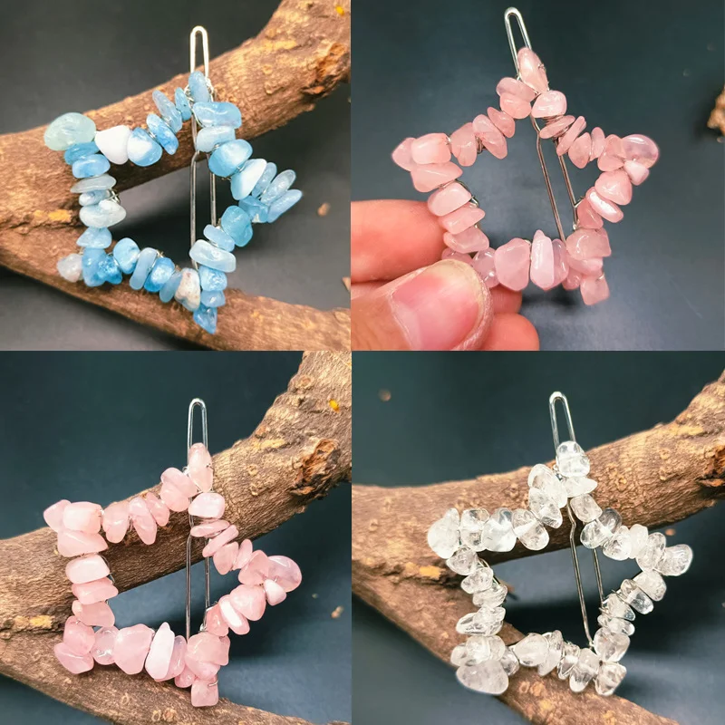 Natuurlijke kristalgrind pentagram haarclip. Voeg een mystieke en elegante touch toe aan je haarstijl met dit unieke accessoire.