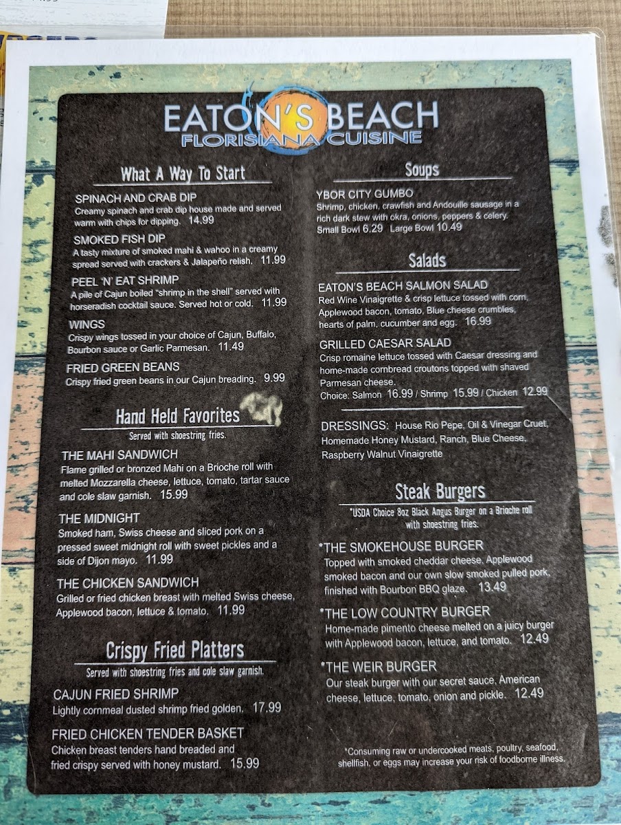 Eaton's Beach Sandbar & Grill gluten-free menu