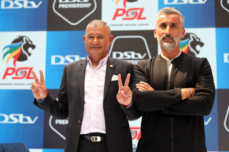 Kaizer Chiefs coach Cavin Johnson and Orlando Pirates coach Jose Riveiro during the Soweto derby press conference at Multichoice City in Johannesburg.