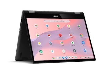 An Acer Chromebook Spin 713 in the tent position displays the apps screen.