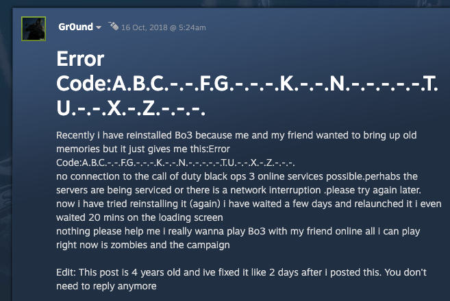BO3 (Black OPS) Error Code a.b.c.-.-.f.g