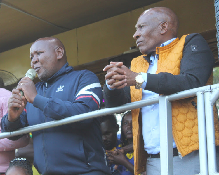 Tetu parliamentary aspirant Alex Gathii and Nyeri governor hopeful Thuo Mathenge in one of their campaign trails in Tetu on Sunday