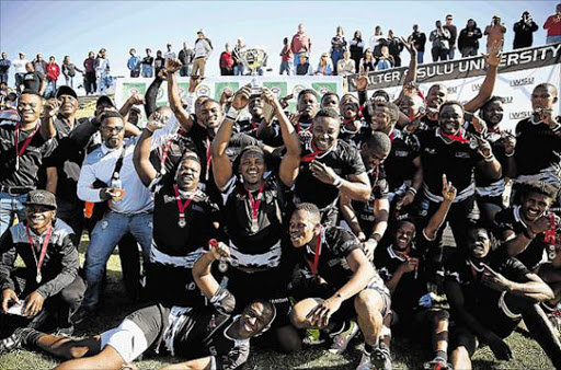 GLORY BOYS: Walter Sisulu University players celebrate their victory and top spot in the C Division yesterday Picture: MARK ANDREWS