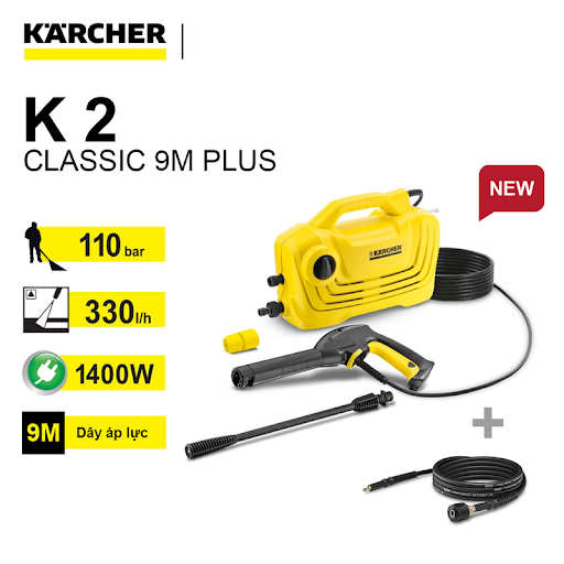 Máy xịt rửa xe 1400W Karcher K2 CLASSIC 9M PLUS, máy rửa xe cao áp 110 Bar kèm dây xịt 9m và phụ kiện Karcher