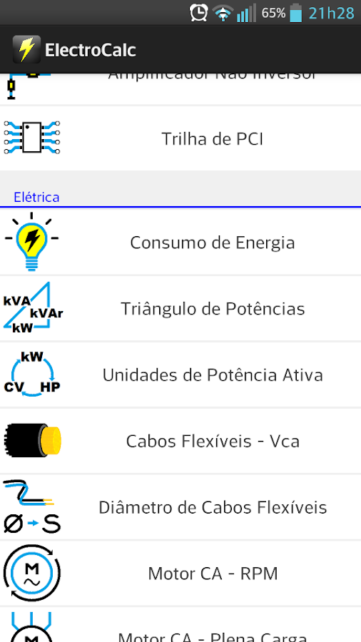   ElectroCalc (em português): captura de tela 