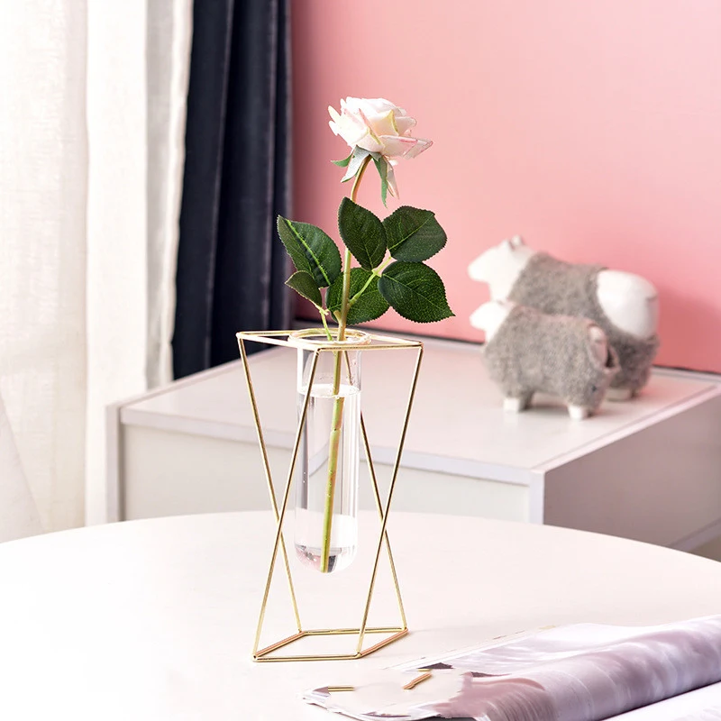 Vaso geométrico nórdico com luz, luxo em metal e ferro, decoração para sala de estar. Arranjo floral criativo para casa, vaso de vidro.