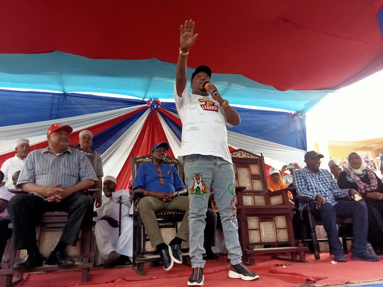 Former Nairobi governor Mike Sonko speaks during an Azimio rally at the Mkunguni Square in Lamu Island on Saturday, July 23.