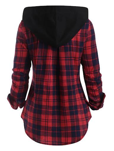 Title 3, Plaid Pocket Hooded Long-sleeve Contrast Zipper...
