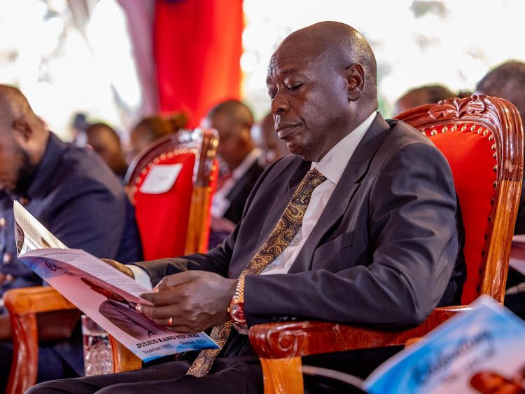 Deputy President Rigathi Gachagua during the burial service of the Late Julius Kano Ndumbi former Principal of Kianyaga High School in Gichugu, Kirinyaga on May 21, 2024