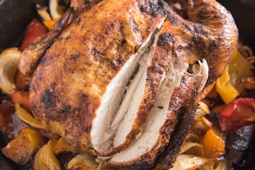 One Pan Whole Roasted Mexican Chicken with Peppers, Onions & Carrots
