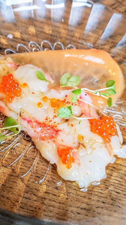 Sweet Prawn Crudo with yuzu-vanila, quince preserva, trout roe at King Tide Fish and Shell, Portland.