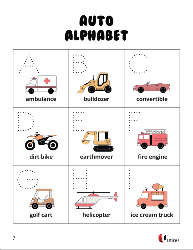 Auto vehicle alphabet cards printable for tracing, matching and playing with while learning letters.