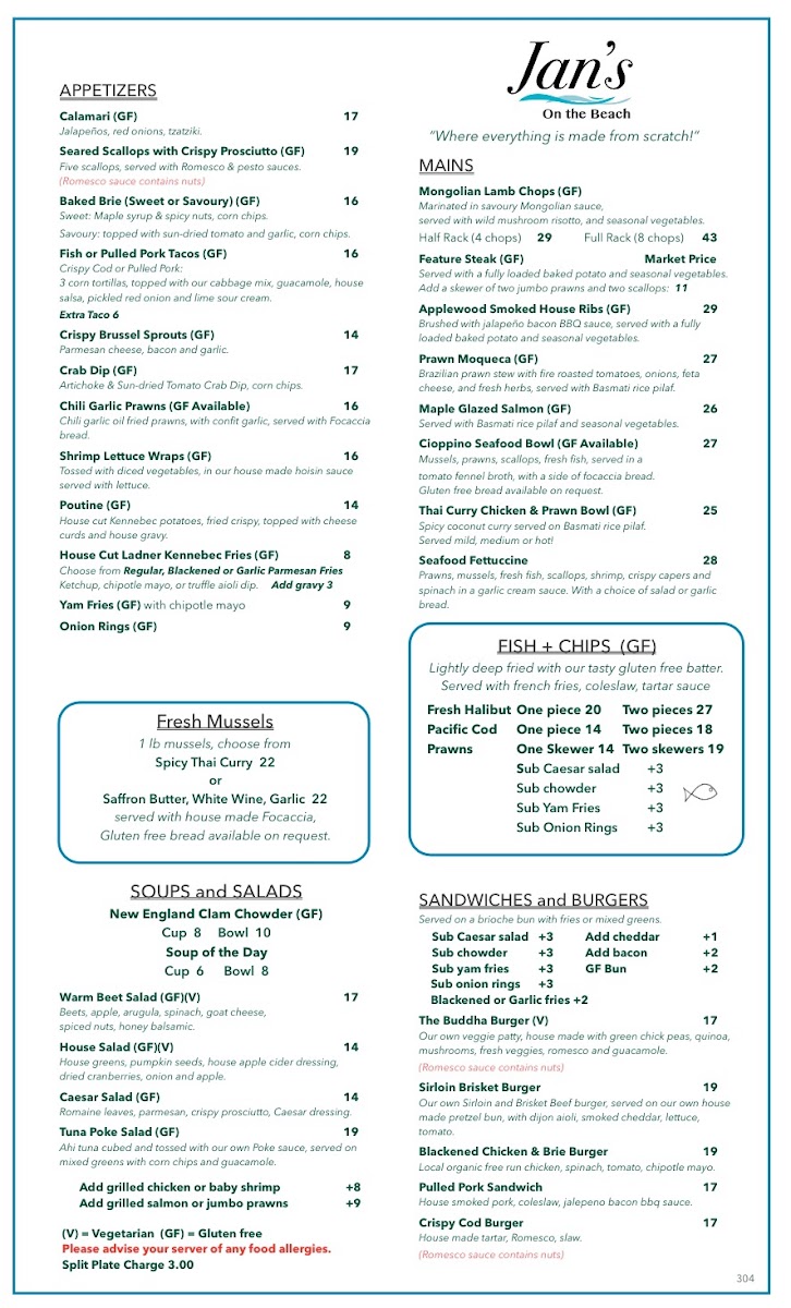 Jan's on the Beach Restaurant gluten-free menu