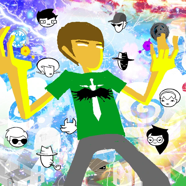 A panel from Homestuck. Andrew Hussie, the character, stands in the middle of the panel with their arms outstretched in a menacing pose. The background is comprised of blending layers of locations from the comic, galaxies, and metahpysical symbols. Characters' heads from the comic float around Hussie. Here, Hussie is god, and we must watch as they shift the tides of this universe however they fuck they want, and laugh at us while we do so. Honestly, fuck us for enjoying art ever. Fuck us for reading Homestuck. Sorry Hussie. You were right.