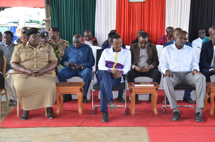 Machakos County Commissioner Josephine Ouko, Foreign Affairs CS Alfred Mutua and his ICT counterpart Eliud Owalo during the Free public WIFI hotspot launch at Masii market in Mwala, Machakos County on August 31, 2023.