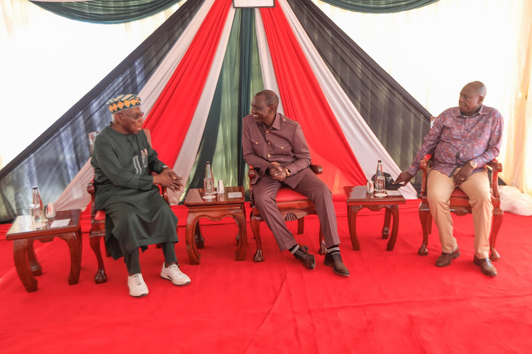 Former Nigerian President Olusegun Obasanjo speaking to President William Ruto and Deputy President Rigathi Gachagua on February 15, 2024.