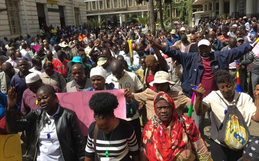 Striking Nairobi county staff workers at City Hall on February 13, 2019